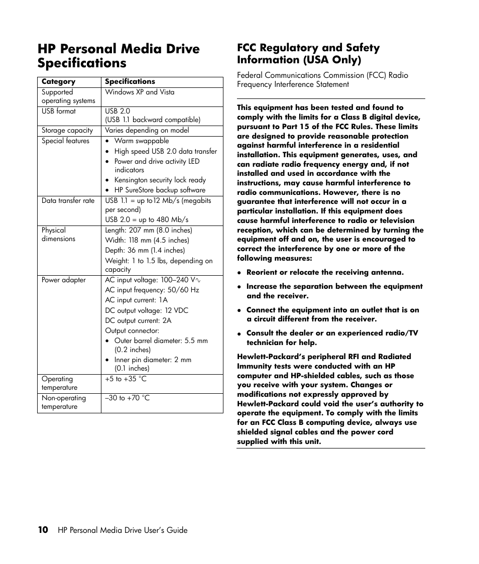 Hp personal media drive specifications, Fcc regulatory and safety information (usa only), Doc statement (canada only) | HP HD20000x Personal Media Drive User Manual | Page 13 / 14