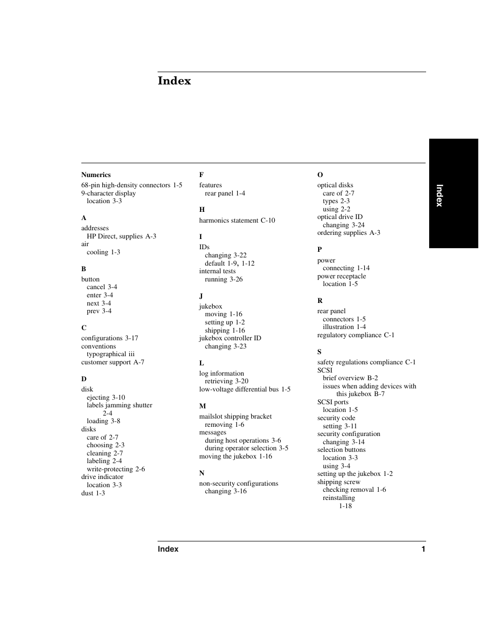 Numerics, Index | HP Optical Jukeboxes User Manual | Page 107 / 108