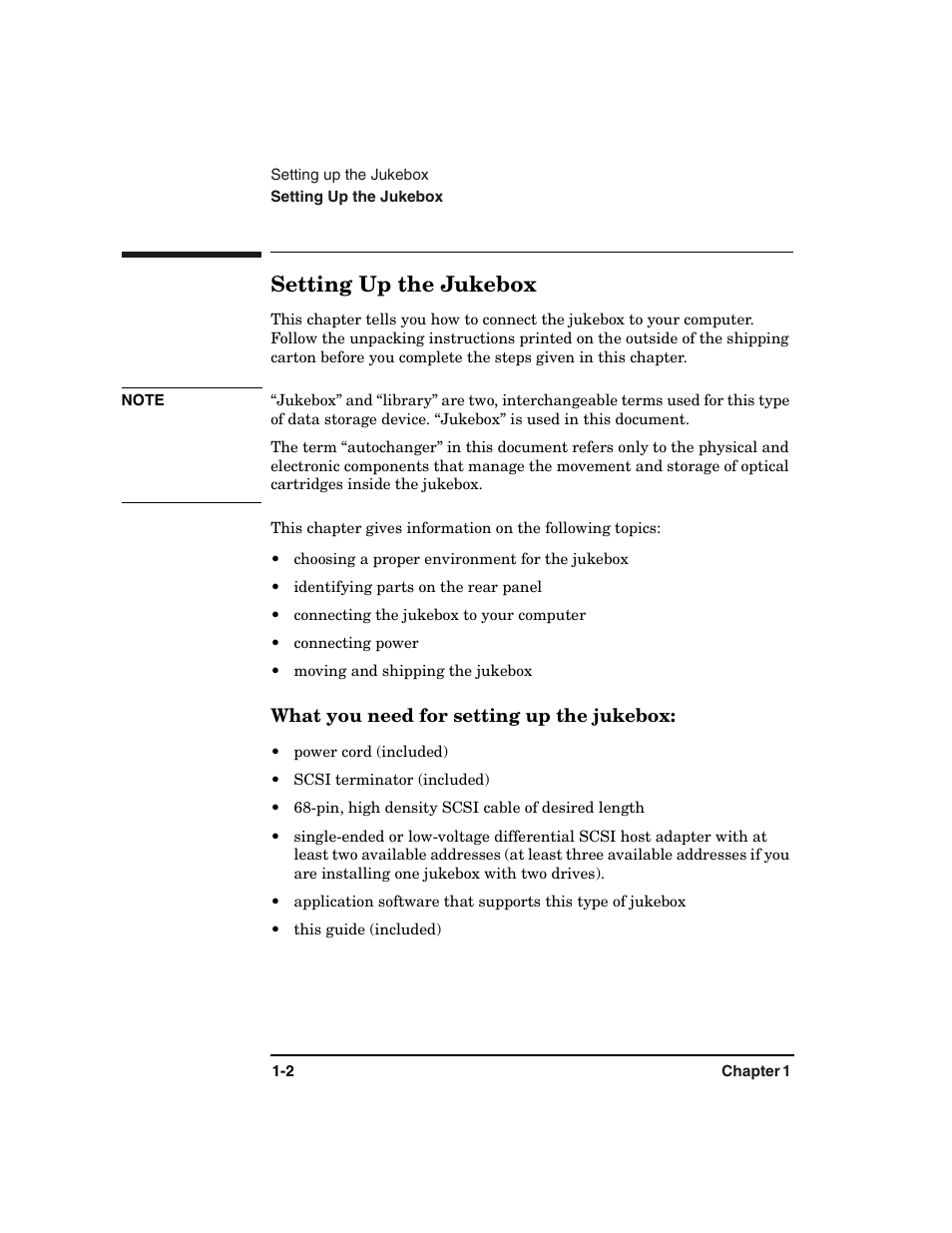 Setting up the jukebox -2, What you need for setting up the jukebox: -2, Setting up the jukebox | HP Optical Jukeboxes User Manual | Page 14 / 108