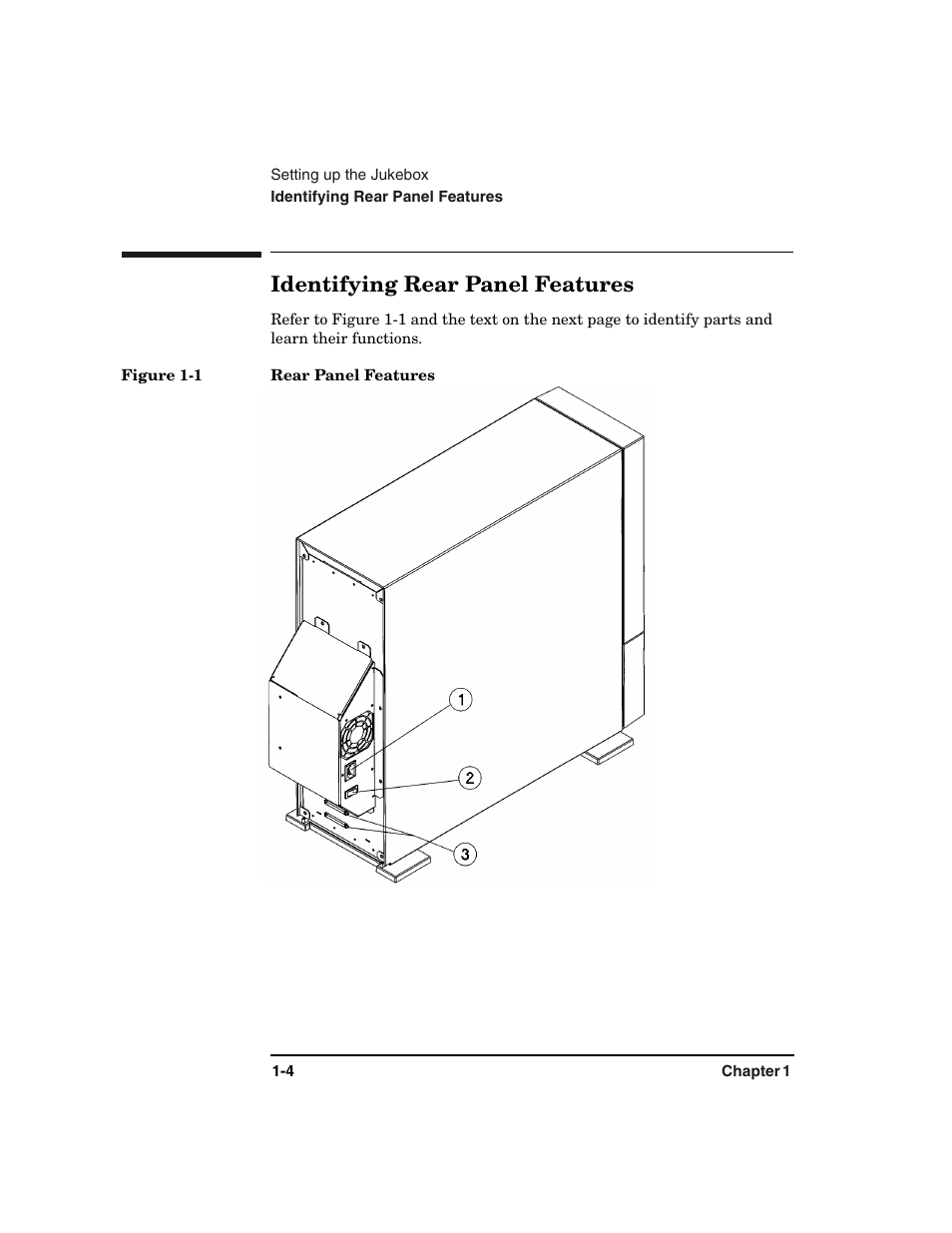Identifying rear panel features -4, Figure 1-1. rear panel features -4, Identifying rear panel features | HP Optical Jukeboxes User Manual | Page 16 / 108