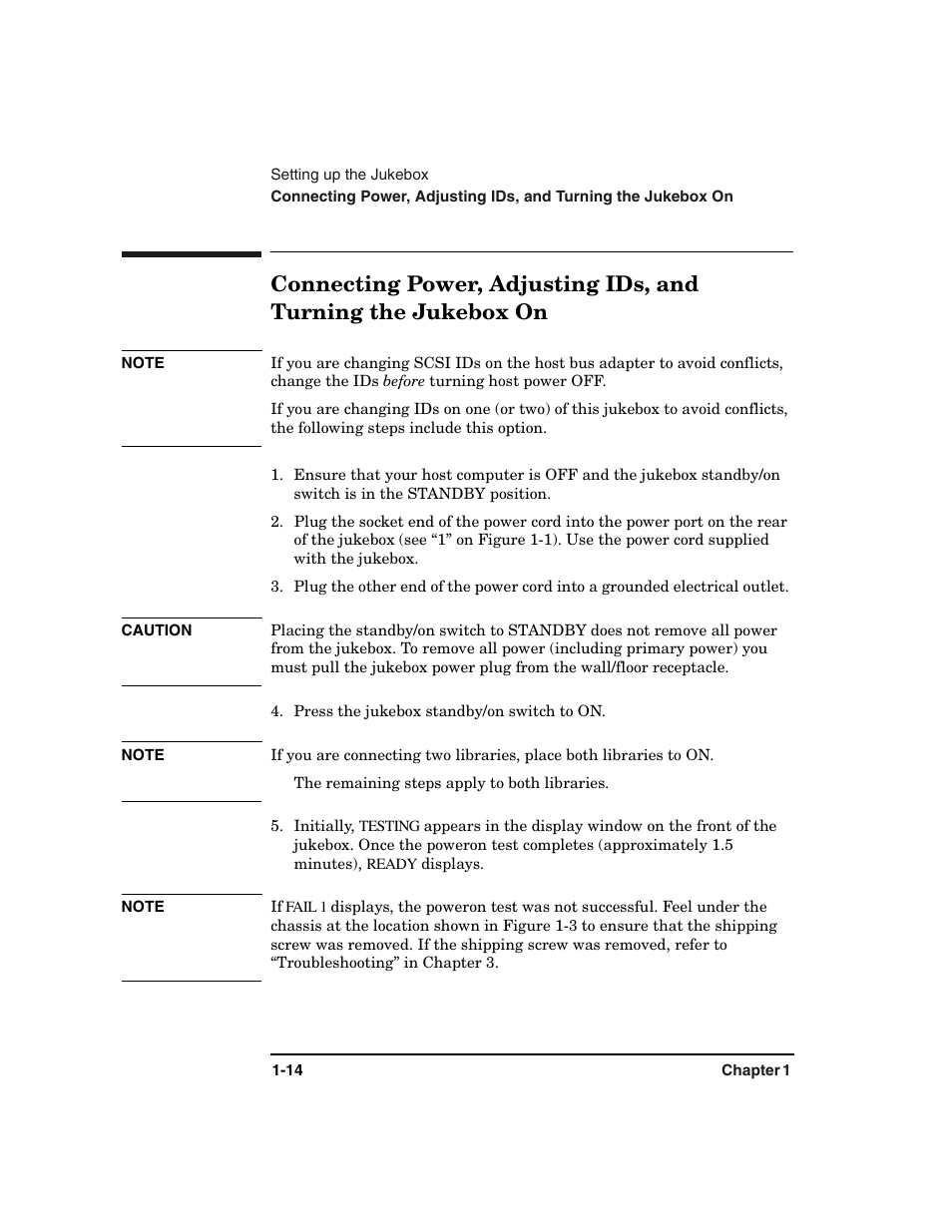 Connecting power, adjusting ids, and turning, The jukebox on | HP Optical Jukeboxes User Manual | Page 26 / 108