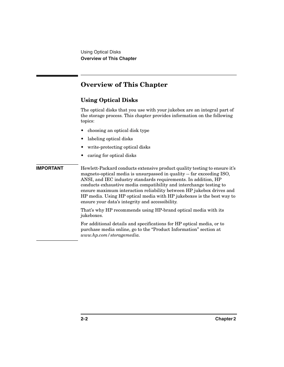 Overview of this chapter -2, Using optical disks -2, Overview of this chapter | HP Optical Jukeboxes User Manual | Page 32 / 108