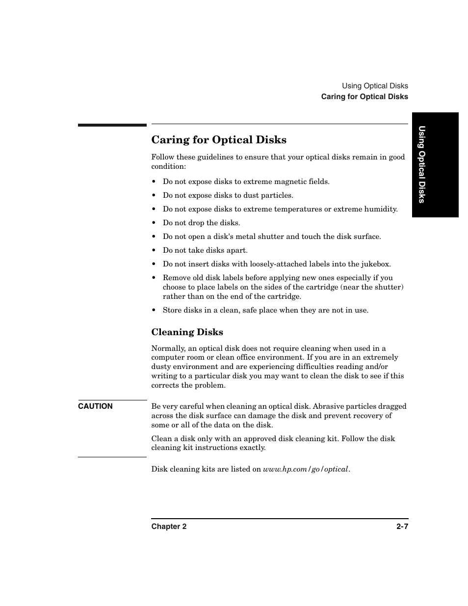 Caring for optical disks -7, Cleaning disks -7, Caring for optical disks | HP Optical Jukeboxes User Manual | Page 37 / 108