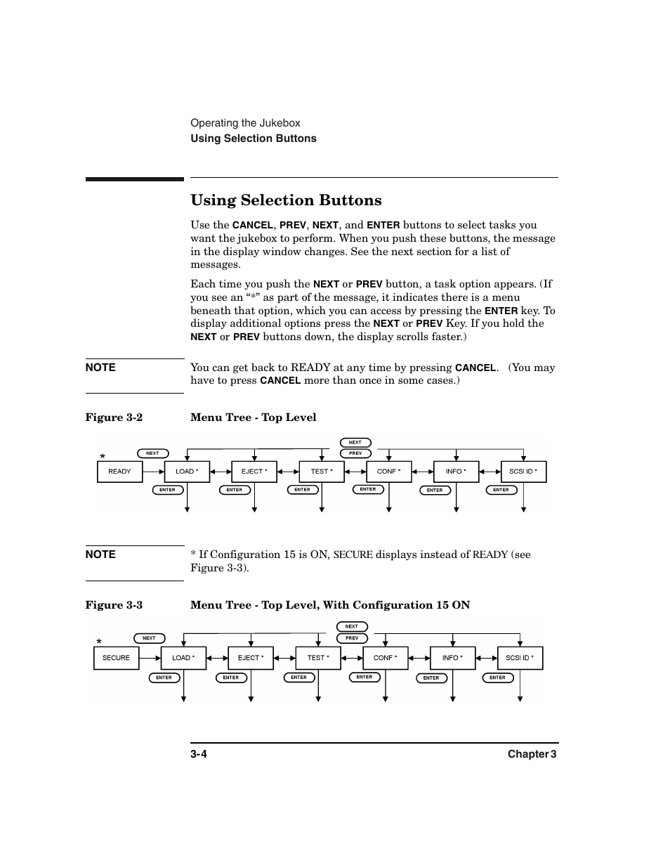 Using selection buttons -4, Figure 3-2. menu tree - top level -4, Using selection buttons | HP Optical Jukeboxes User Manual | Page 42 / 108