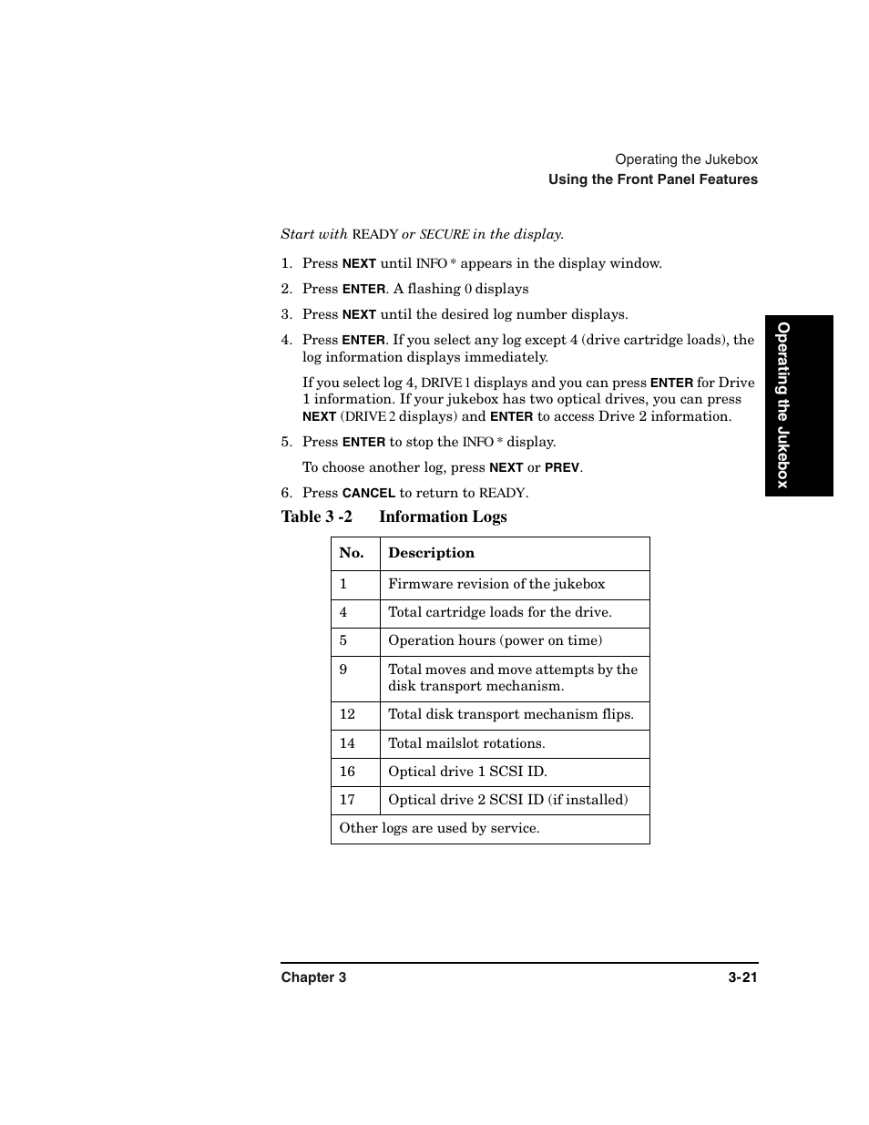 Table 3 2 information logs, Table 3 -2. information logs -21 | HP Optical Jukeboxes User Manual | Page 59 / 108