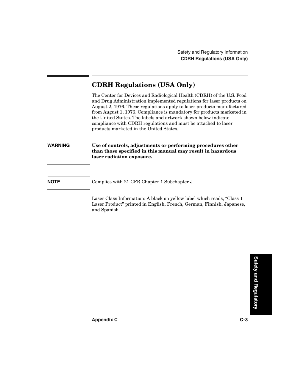 Cdrh regulations (usa only) | HP Optical Jukeboxes User Manual | Page 95 / 108