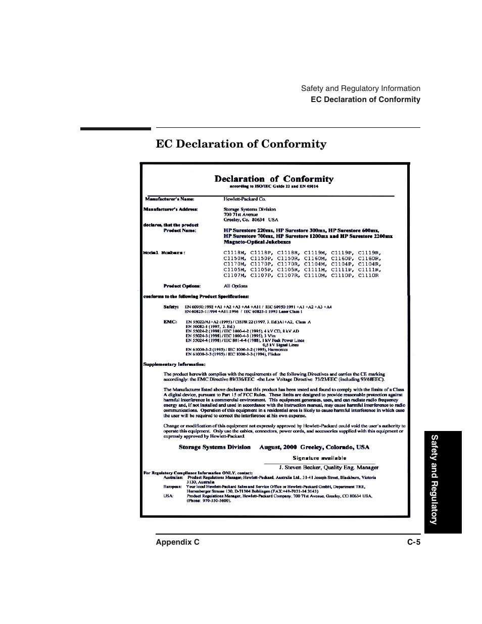 Ec declaration of conformity | HP Optical Jukeboxes User Manual | Page 97 / 108