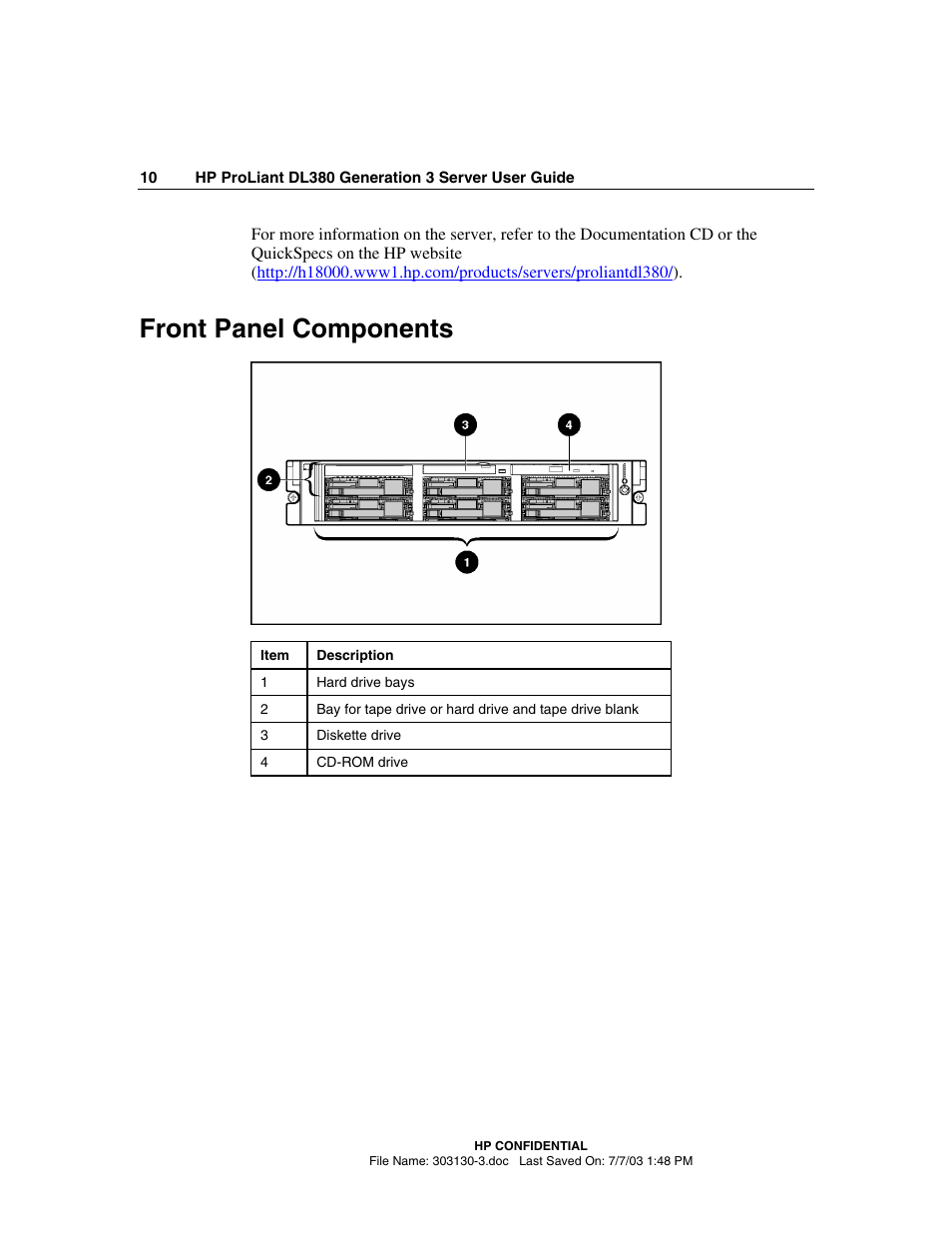 Front panel components | HP ProLiant DL380 G3 Server User Manual | Page 10 / 164