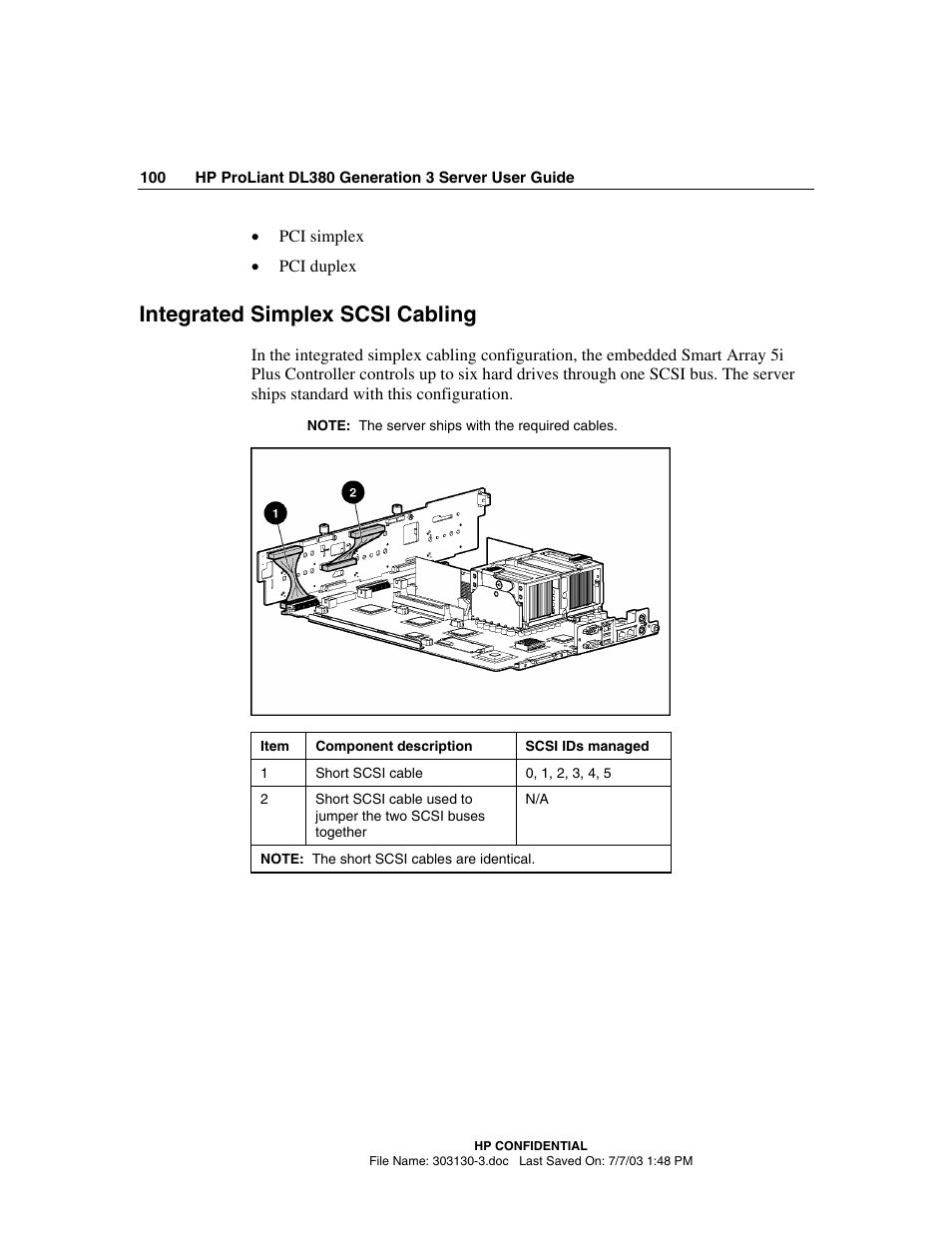 Integrated simplex scsi cabling | HP ProLiant DL380 G3 Server User Manual | Page 100 / 164