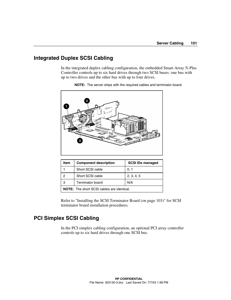 Integrated duplex scsi cabling, Pci simplex scsi cabling | HP ProLiant DL380 G3 Server User Manual | Page 101 / 164