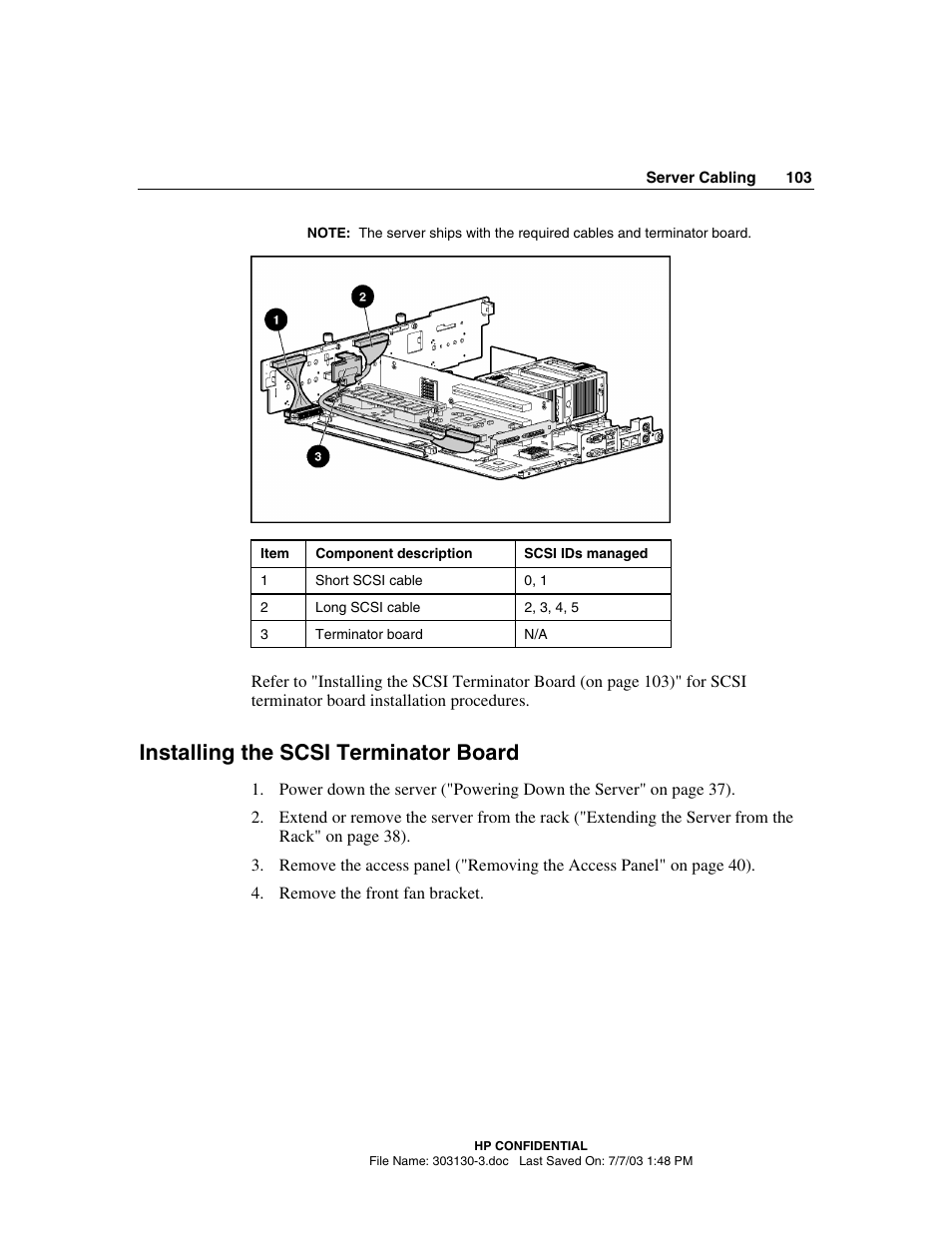 Installing the scsi terminator board | HP ProLiant DL380 G3 Server User Manual | Page 103 / 164