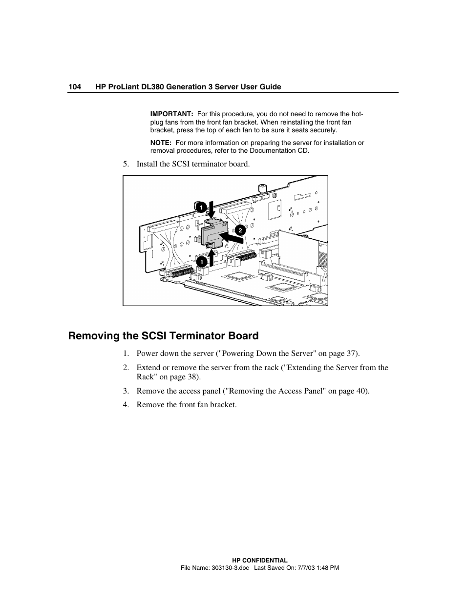 Removing the scsi terminator board | HP ProLiant DL380 G3 Server User Manual | Page 104 / 164