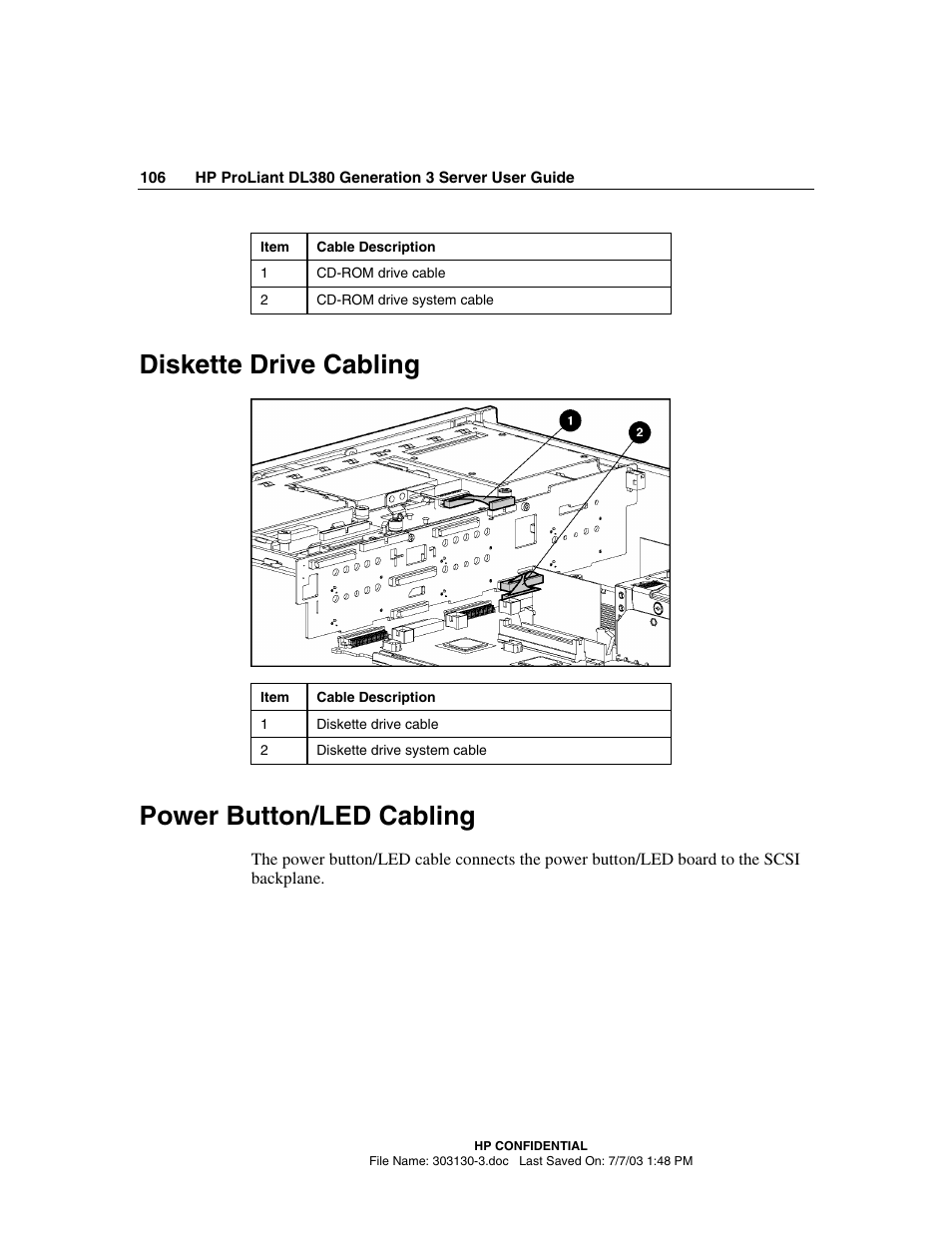 Diskette drive cabling, Power button/led cabling, Diskette drive cabling power button/led cabling | HP ProLiant DL380 G3 Server User Manual | Page 106 / 164