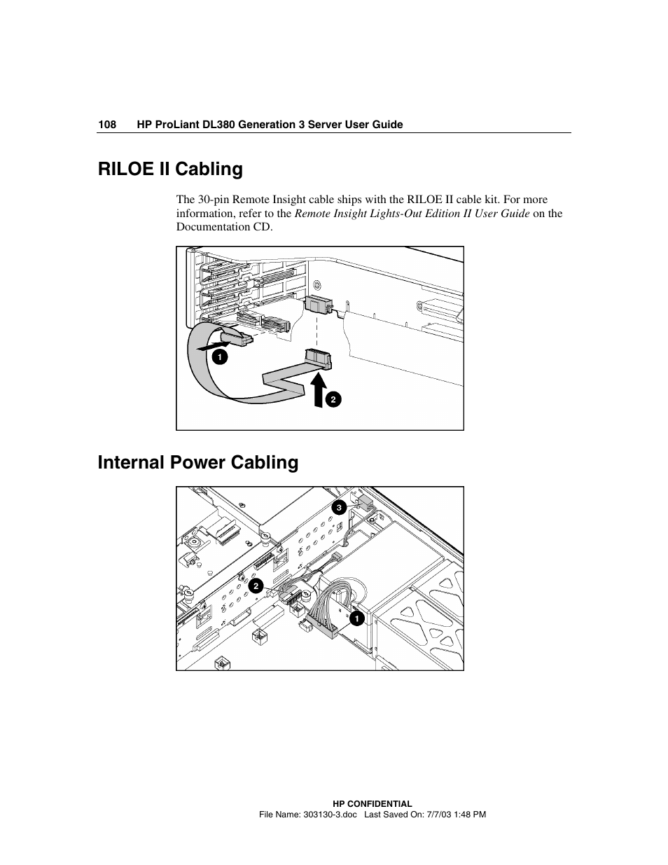 Riloe ii cabling, Internal power cabling, Riloe ii cabling internal power cabling | HP ProLiant DL380 G3 Server User Manual | Page 108 / 164