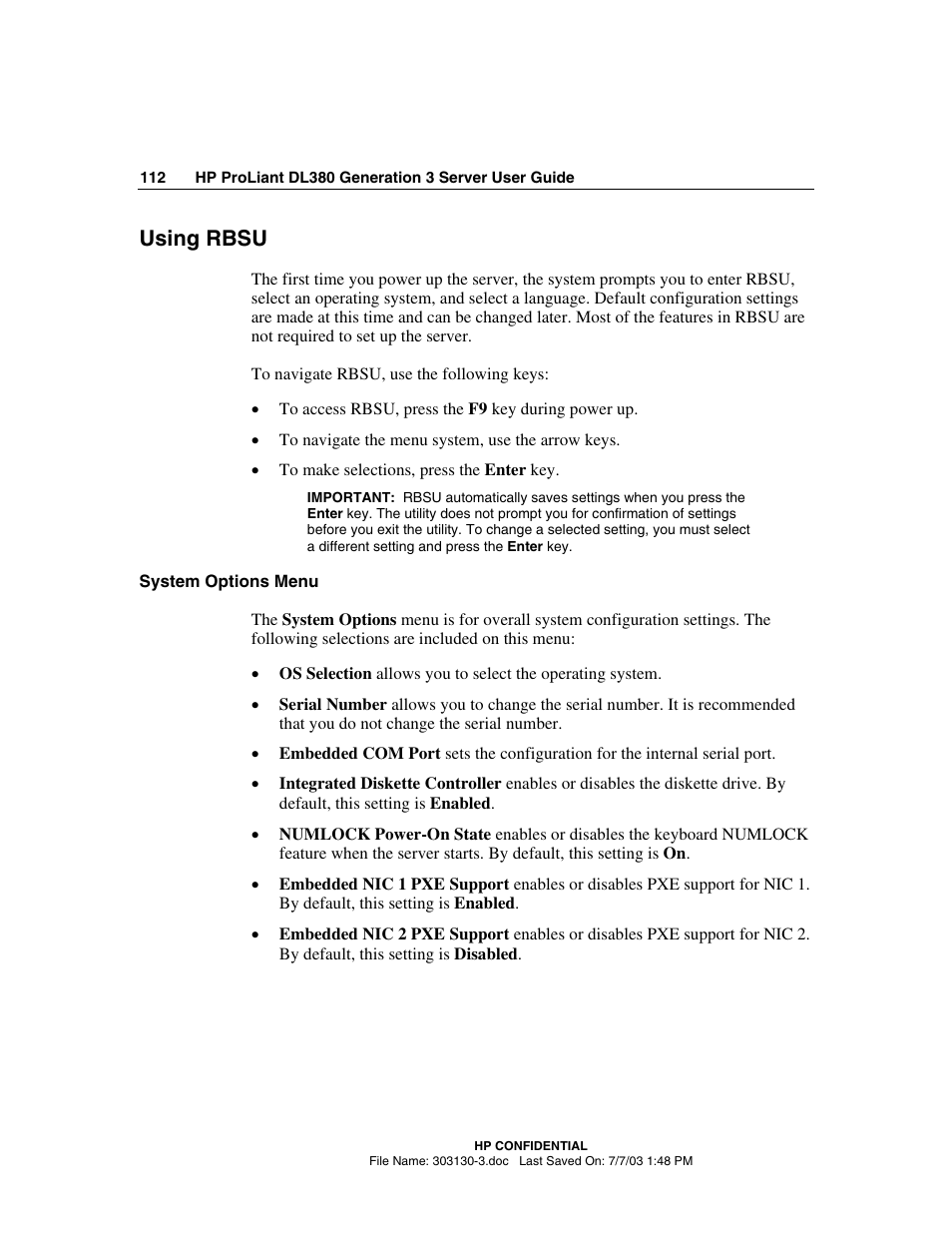 Using rbsu, System options menu | HP ProLiant DL380 G3 Server User Manual | Page 112 / 164