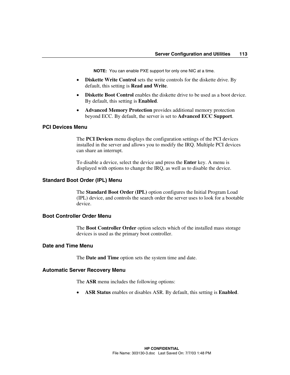 Pci devices menu, Standard boot order (ipl) menu, Boot controller order menu | Date and time menu, Automatic server recovery menu | HP ProLiant DL380 G3 Server User Manual | Page 113 / 164