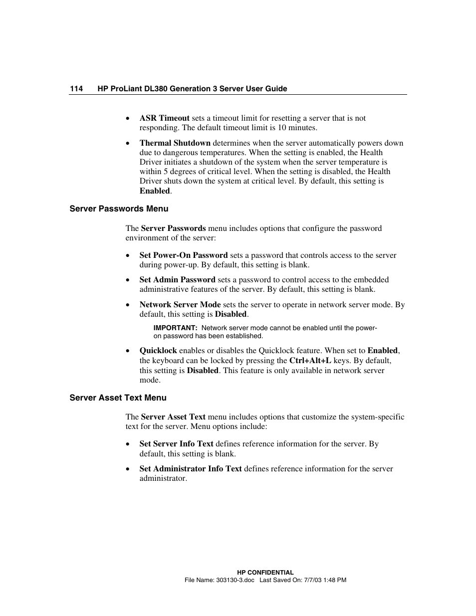 Server passwords menu, Server asset text menu | HP ProLiant DL380 G3 Server User Manual | Page 114 / 164