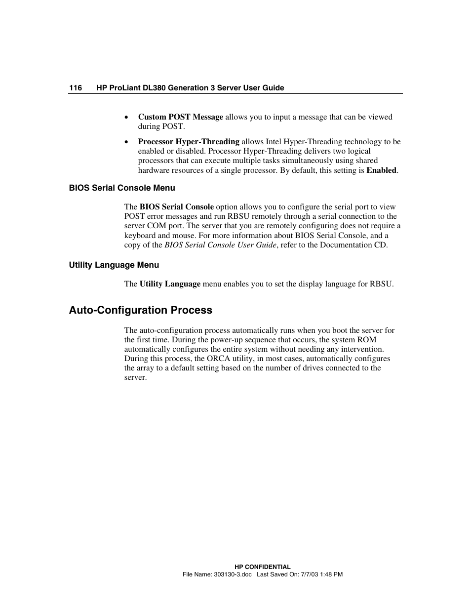 Bios serial console menu, Utility language menu, Auto-configuration process | HP ProLiant DL380 G3 Server User Manual | Page 116 / 164