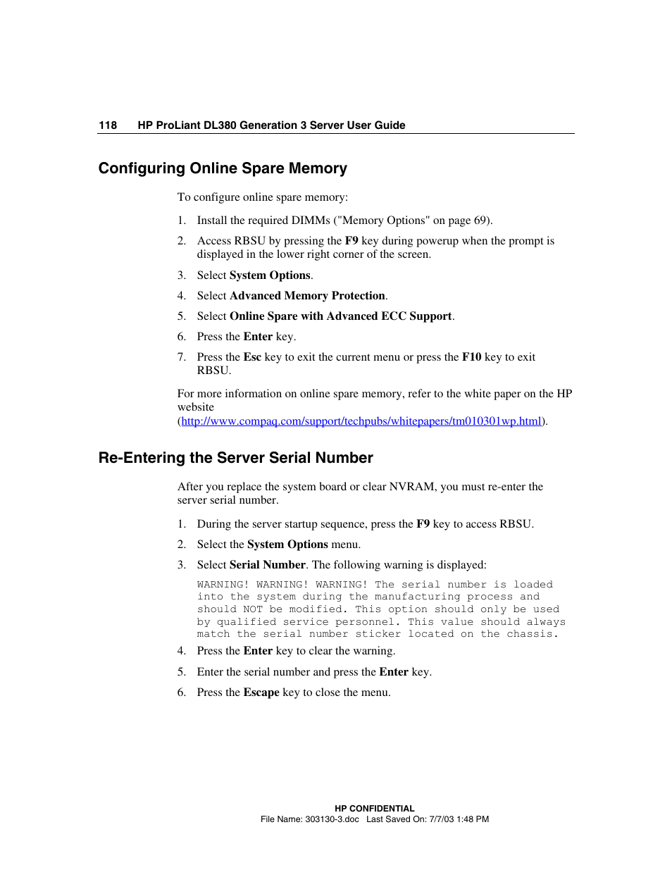 Configuring online spare memory, Re-entering the server serial number | HP ProLiant DL380 G3 Server User Manual | Page 118 / 164