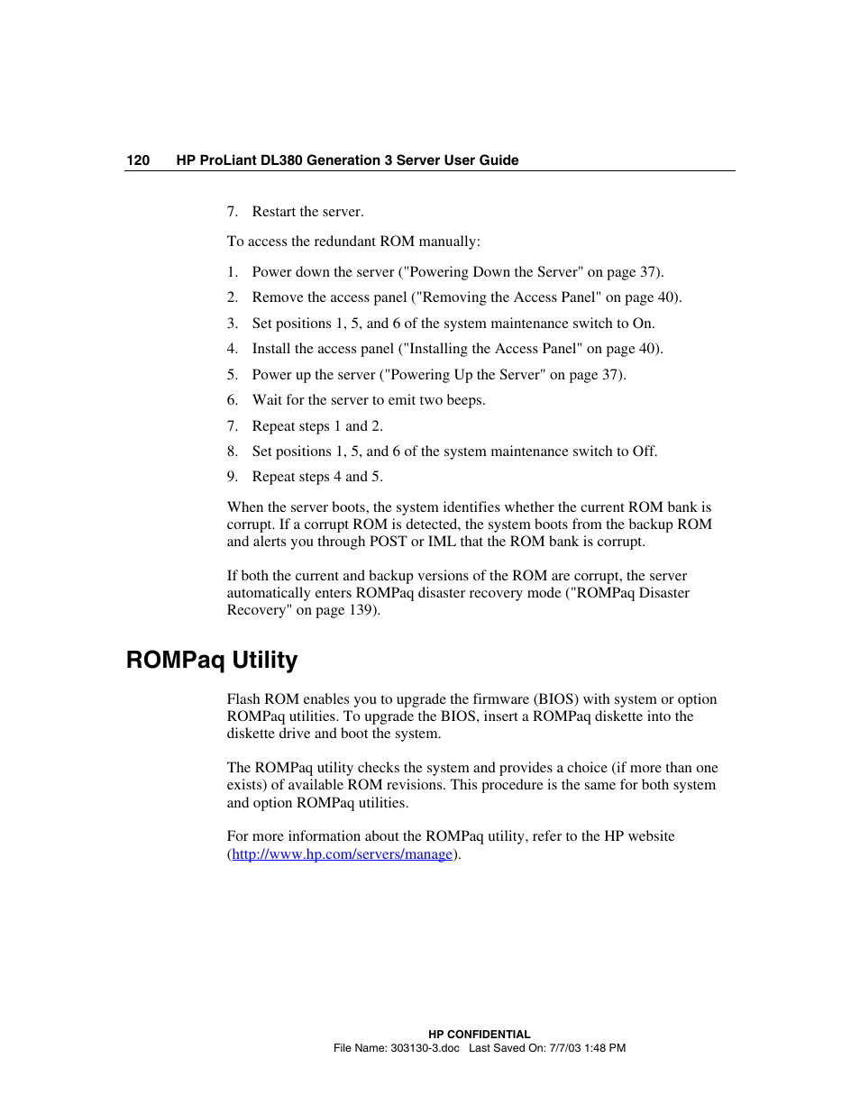 Rompaq utility | HP ProLiant DL380 G3 Server User Manual | Page 120 / 164