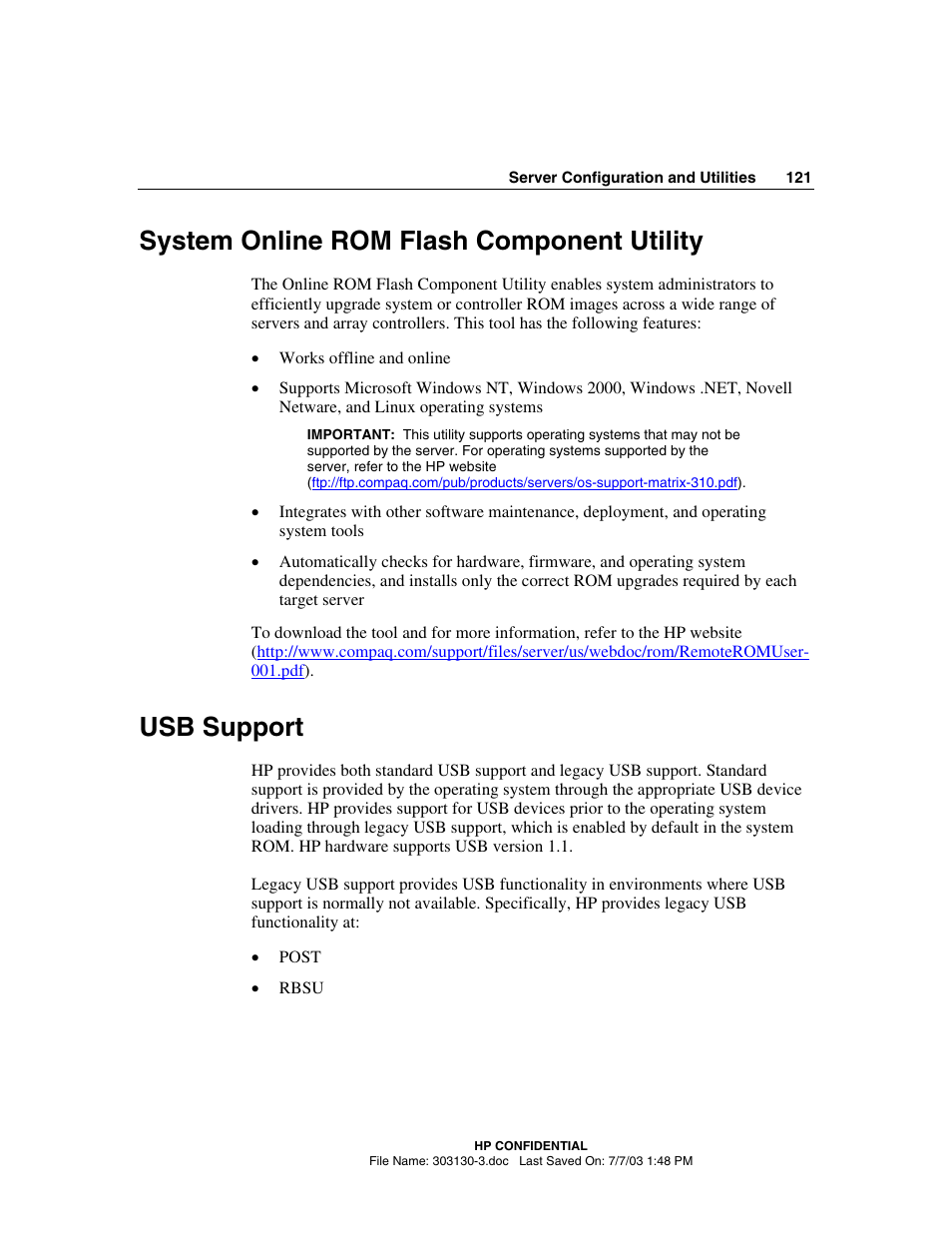 System online rom flash component utility, Usb support | HP ProLiant DL380 G3 Server User Manual | Page 121 / 164