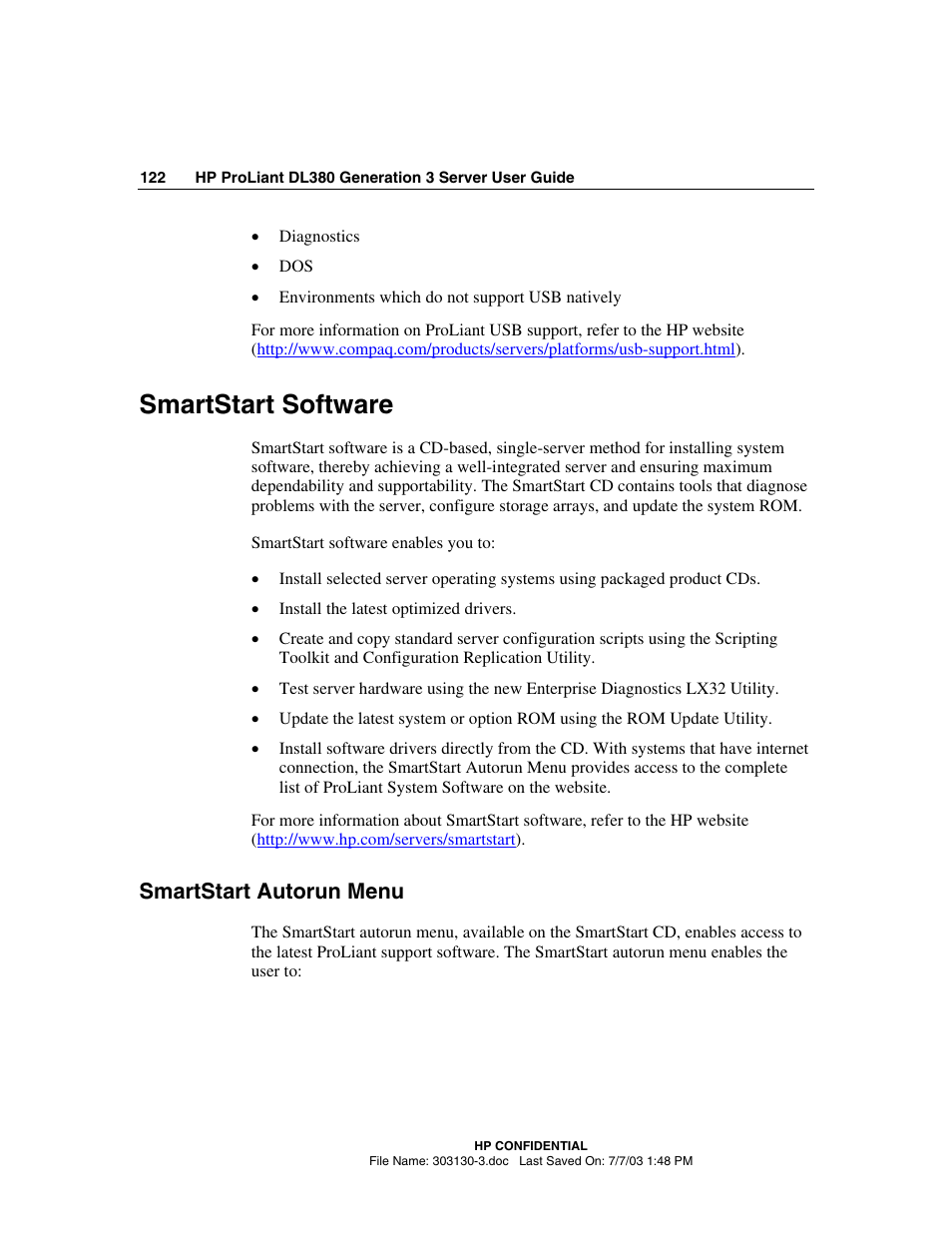 Smartstart software, Smartstart autorun menu | HP ProLiant DL380 G3 Server User Manual | Page 122 / 164