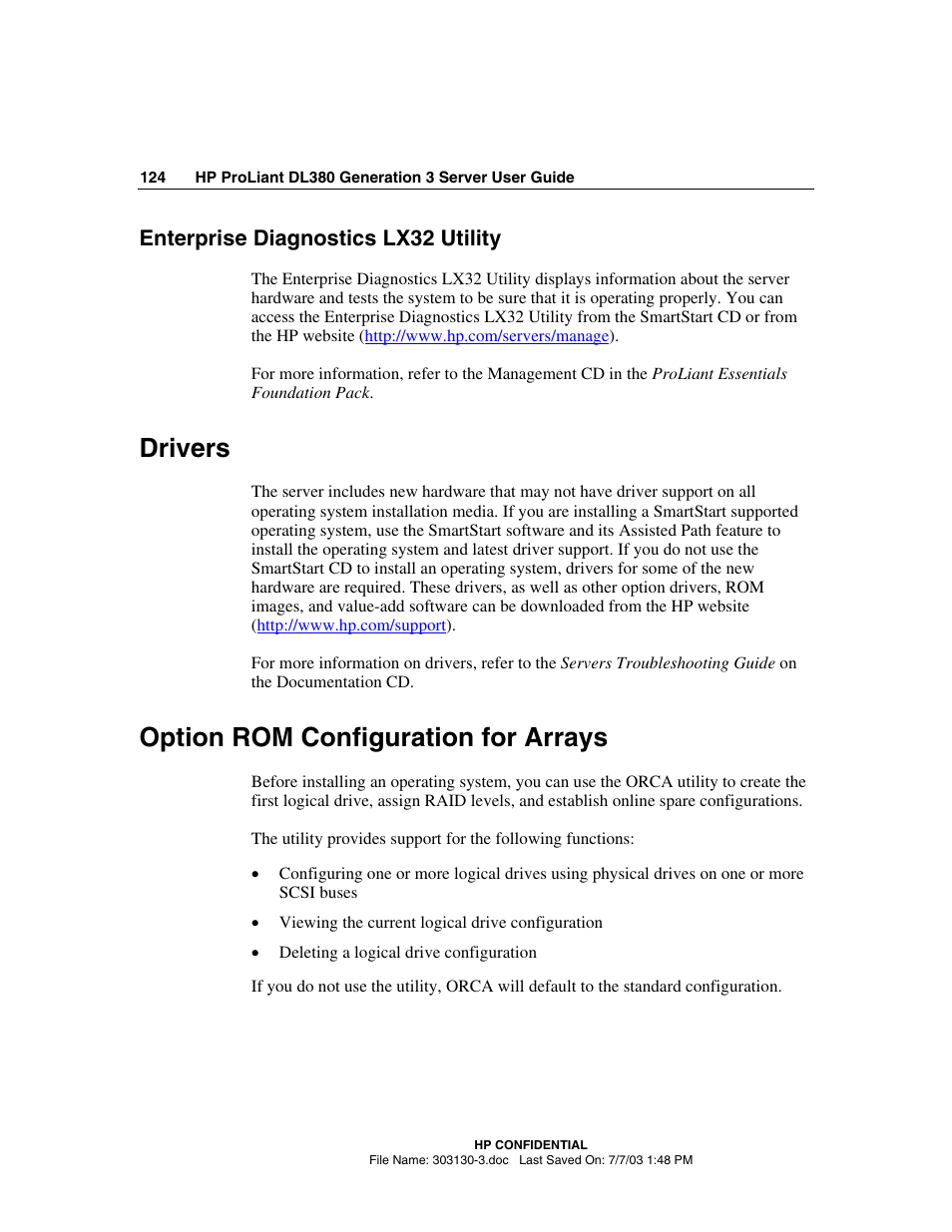 Enterprise diagnostics lx32 utility, Drivers, Option rom configuration for arrays | Drivers option rom configuration for arrays | HP ProLiant DL380 G3 Server User Manual | Page 124 / 164