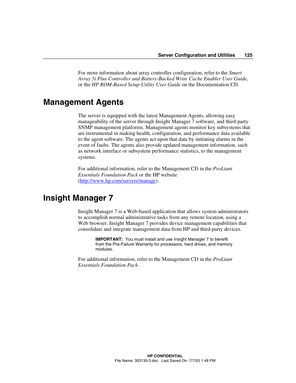 Management agents, Insight manager 7, Management agents insight manager 7 | HP ProLiant DL380 G3 Server User Manual | Page 125 / 164