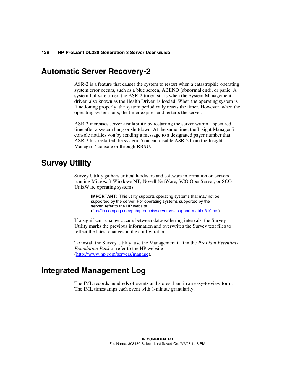 Automatic server recovery-2, Survey utility, Integrated management log | HP ProLiant DL380 G3 Server User Manual | Page 126 / 164