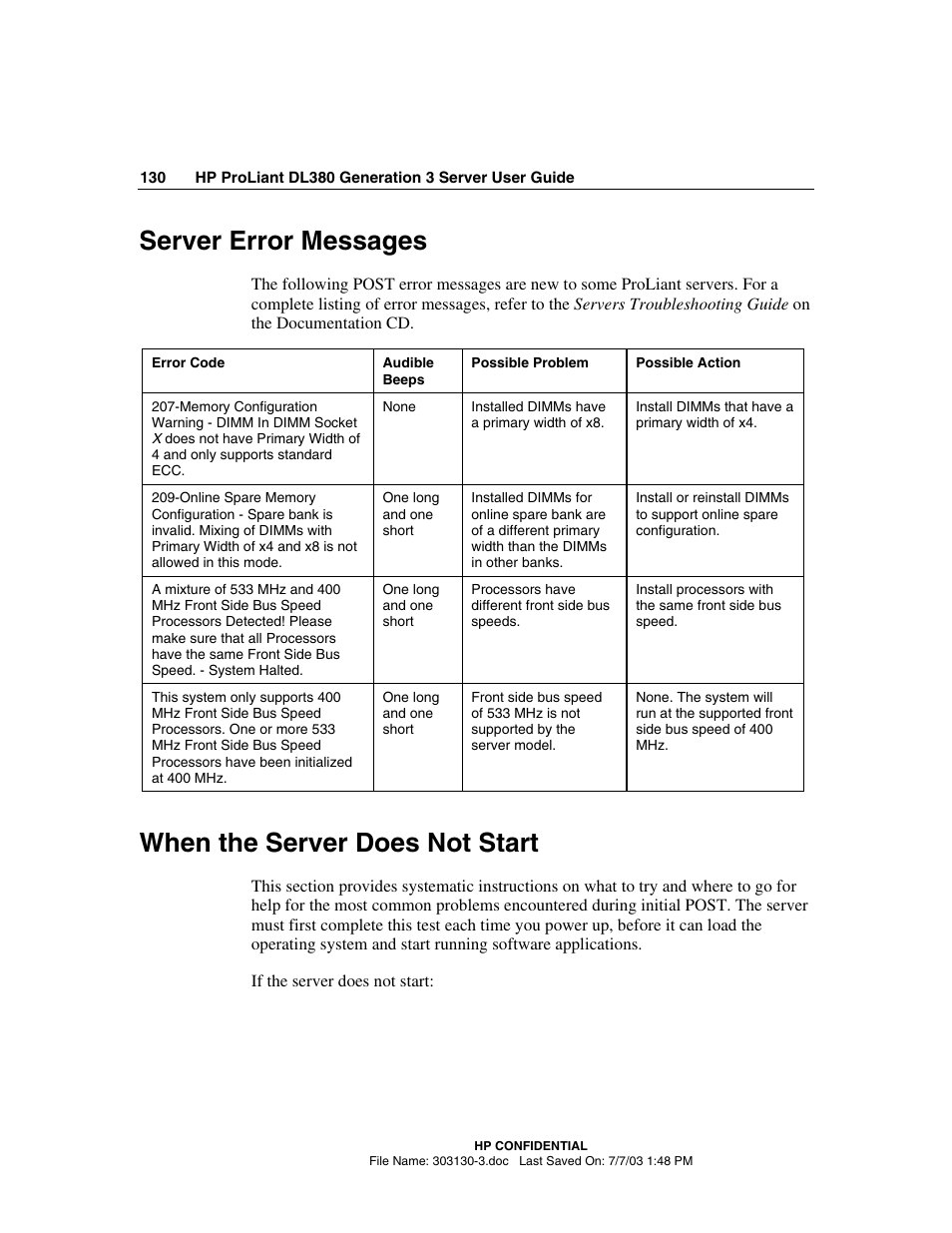 Server error messages, When the server does not start | HP ProLiant DL380 G3 Server User Manual | Page 130 / 164