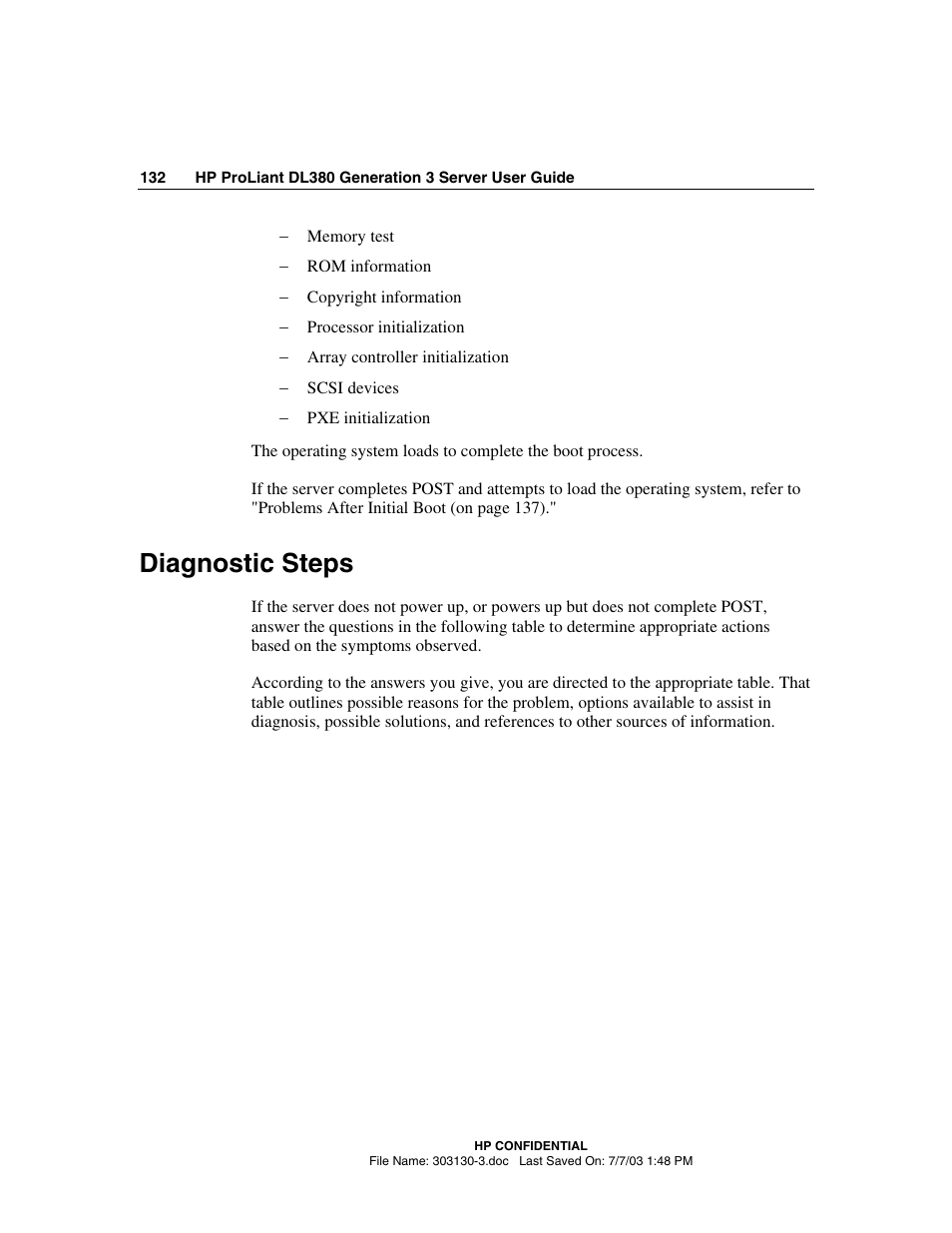 Diagnostic steps | HP ProLiant DL380 G3 Server User Manual | Page 132 / 164