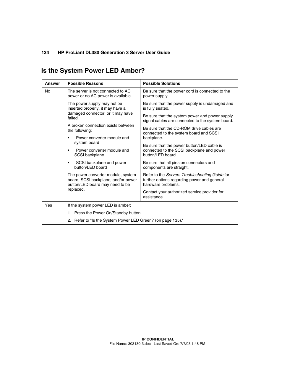 Is the system power led amber, Ge 134) | HP ProLiant DL380 G3 Server User Manual | Page 134 / 164