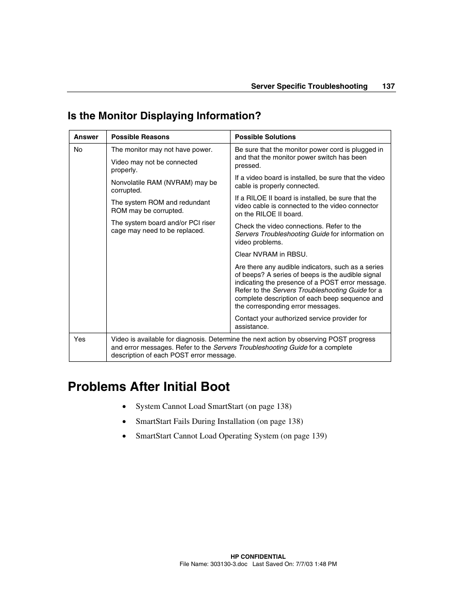 Is the monitor displaying information, Problems after initial boot, E 137) | HP ProLiant DL380 G3 Server User Manual | Page 137 / 164