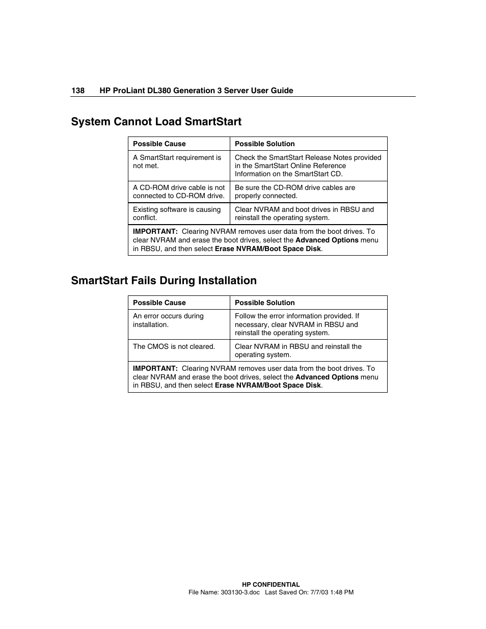 System cannot load smartstart, Smartstart fails during installation | HP ProLiant DL380 G3 Server User Manual | Page 138 / 164