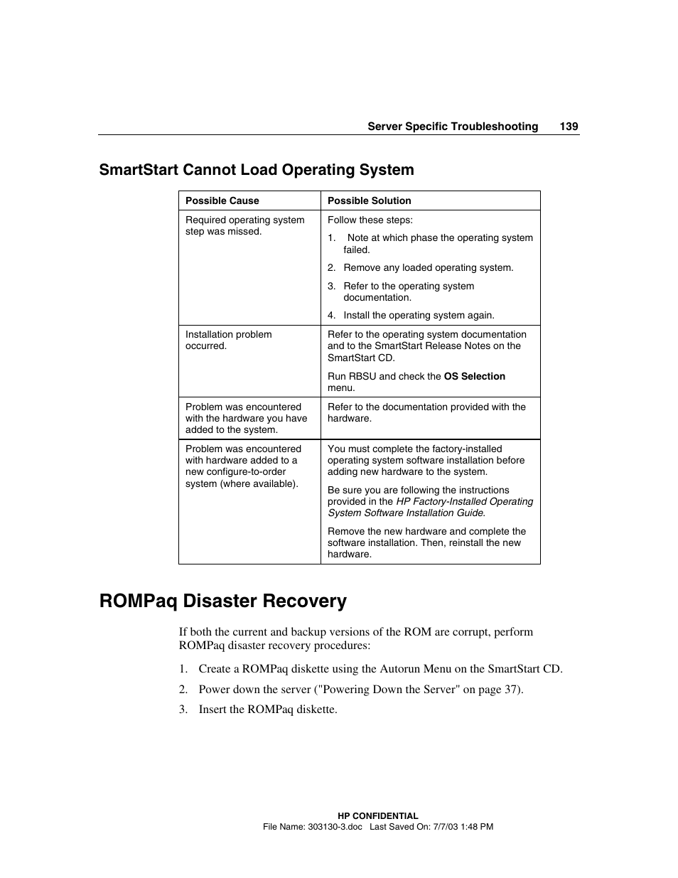 Smartstart cannot load operating system, Rompaq disaster recovery | HP ProLiant DL380 G3 Server User Manual | Page 139 / 164