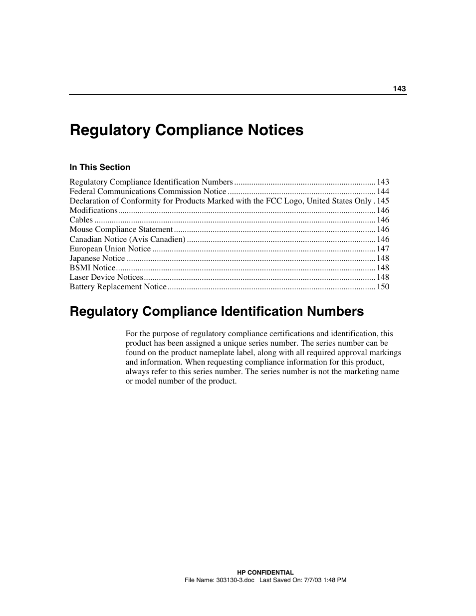 Regulatory compliance notices, Regulatory compliance identification numbers | HP ProLiant DL380 G3 Server User Manual | Page 143 / 164
