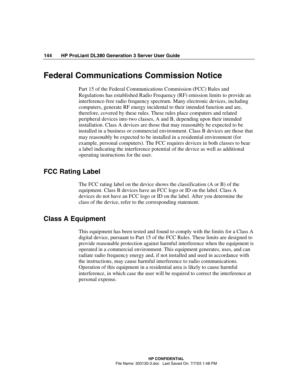 Federal communications commission notice, Fcc rating label, Class a equipment | HP ProLiant DL380 G3 Server User Manual | Page 144 / 164