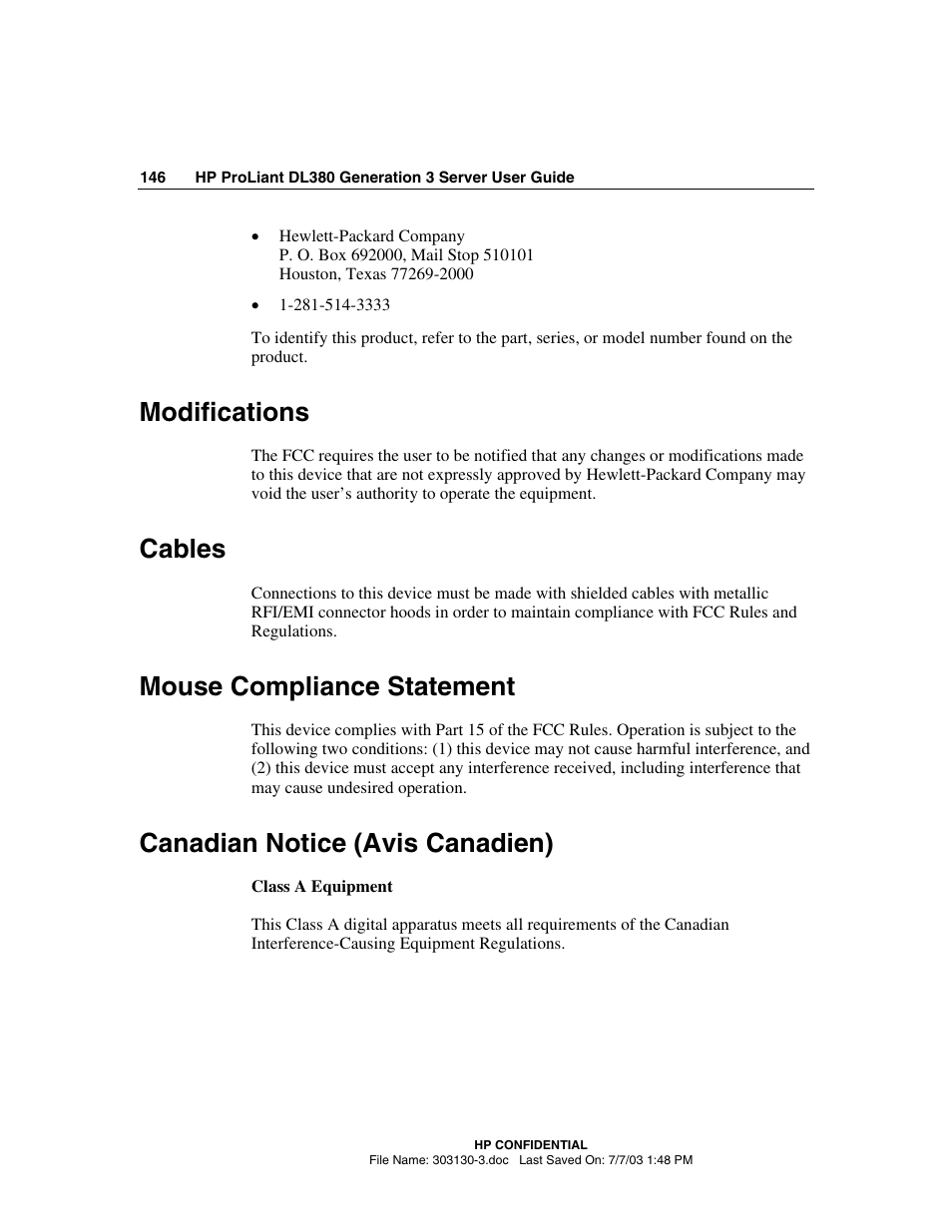 Modifications, Cables, Mouse compliance statement | Canadian notice (avis canadien) | HP ProLiant DL380 G3 Server User Manual | Page 146 / 164