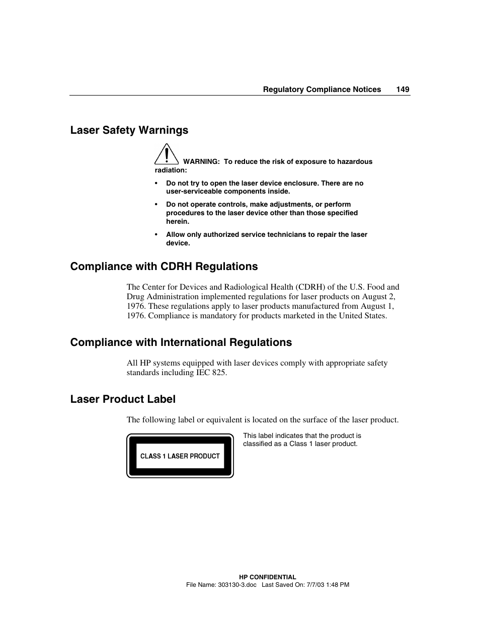 Laser safety warnings, Compliance with cdrh regulations, Compliance with international regulations | Laser product label | HP ProLiant DL380 G3 Server User Manual | Page 149 / 164