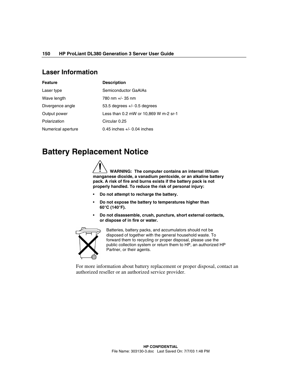 Laser information, Battery replacement notice | HP ProLiant DL380 G3 Server User Manual | Page 150 / 164