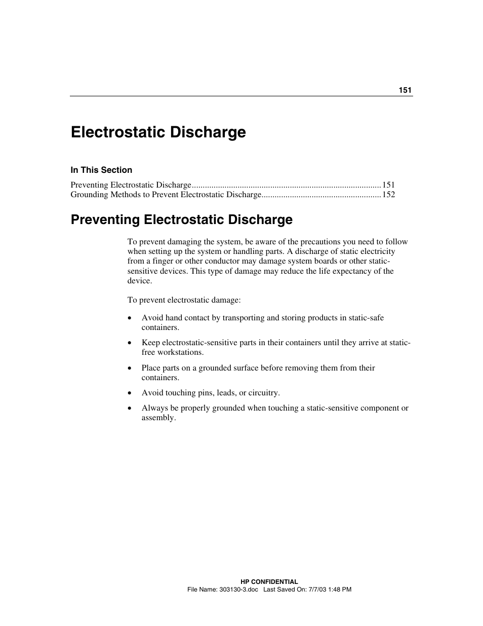 Electrostatic discharge, Preventing electrostatic discharge | HP ProLiant DL380 G3 Server User Manual | Page 151 / 164