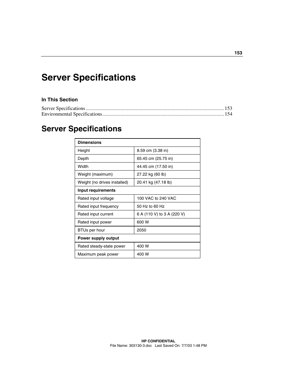 Server specifications | HP ProLiant DL380 G3 Server User Manual | Page 153 / 164