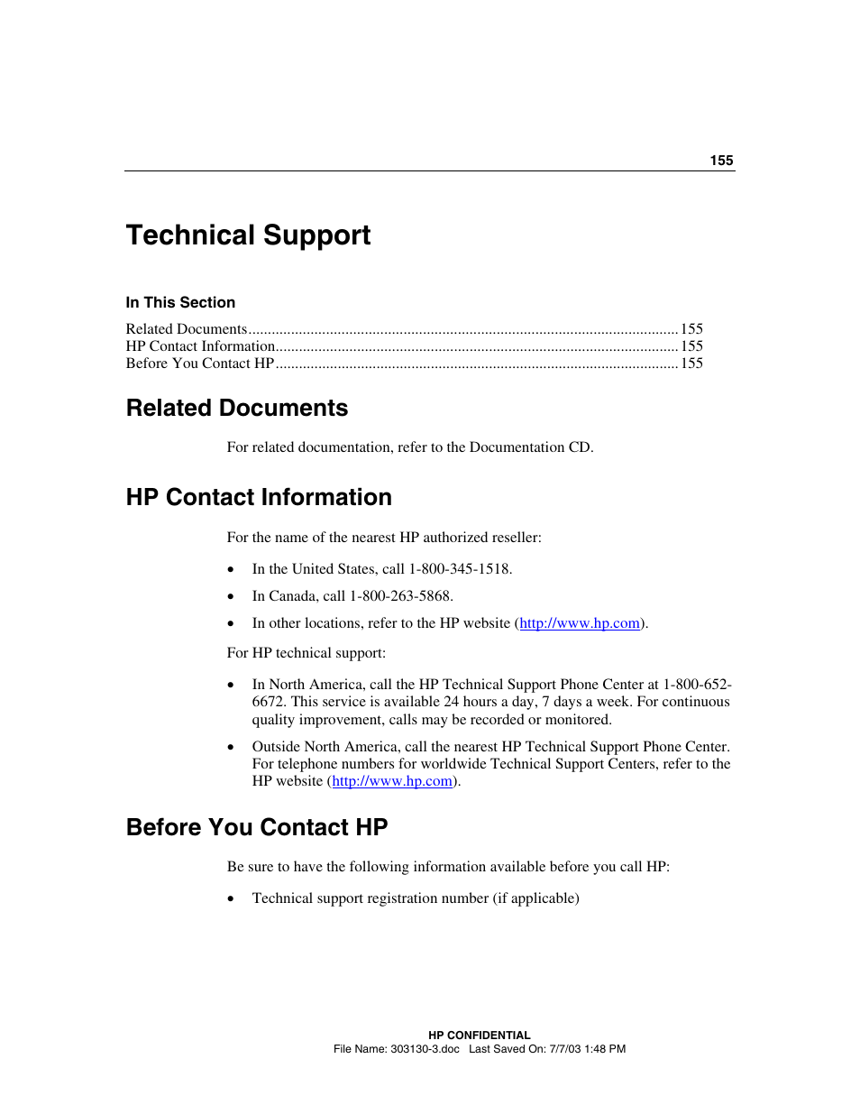 Technical support, Related documents, Hp contact information | Before you contact hp | HP ProLiant DL380 G3 Server User Manual | Page 155 / 164