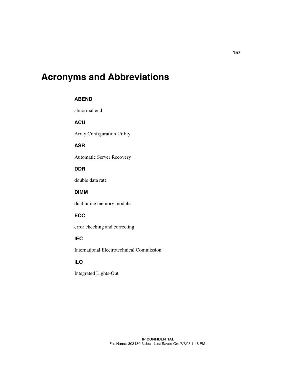 Acronyms and abbreviations | HP ProLiant DL380 G3 Server User Manual | Page 157 / 164