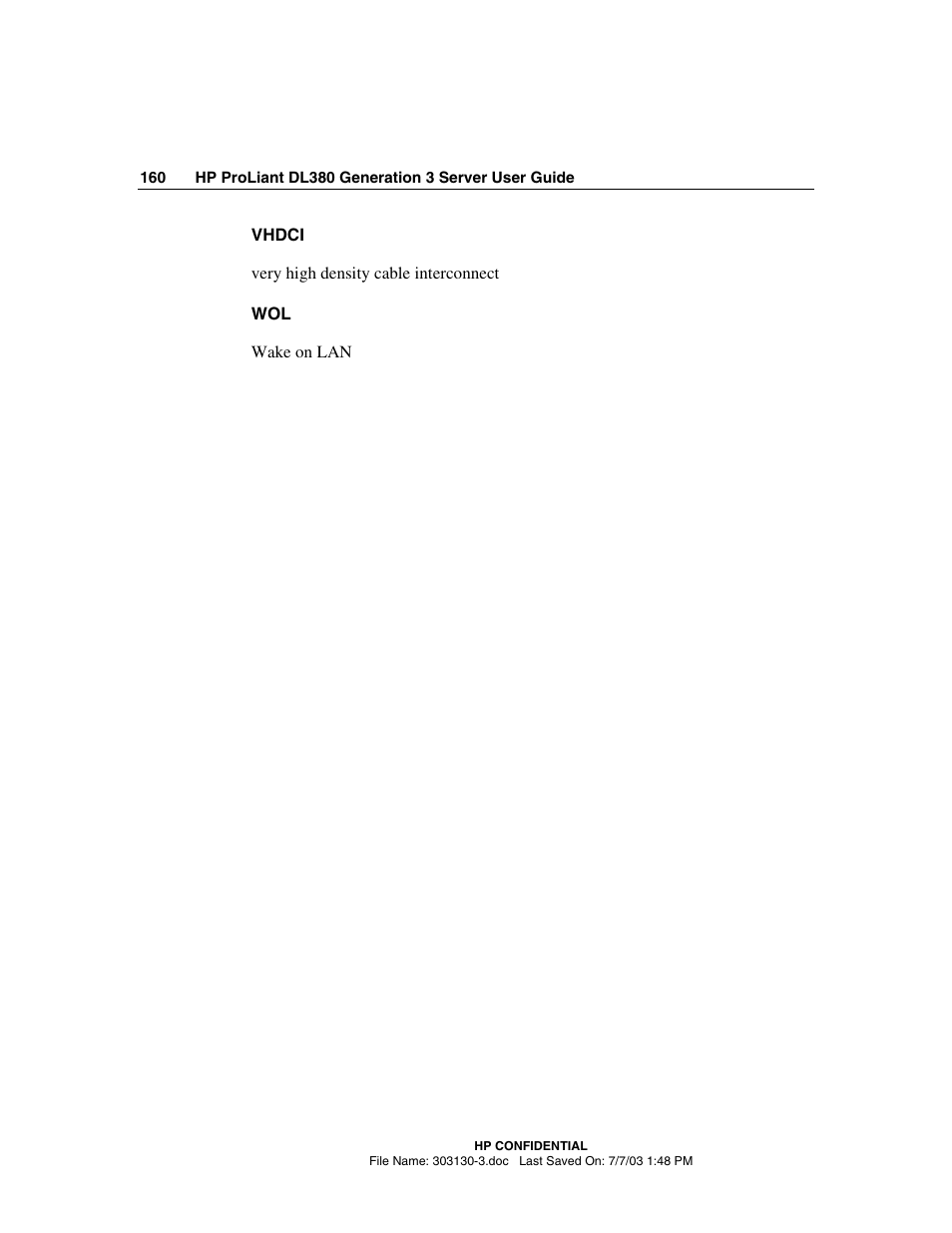 Vhdci very high density cable interconnect, Wol wake on lan | HP ProLiant DL380 G3 Server User Manual | Page 160 / 164