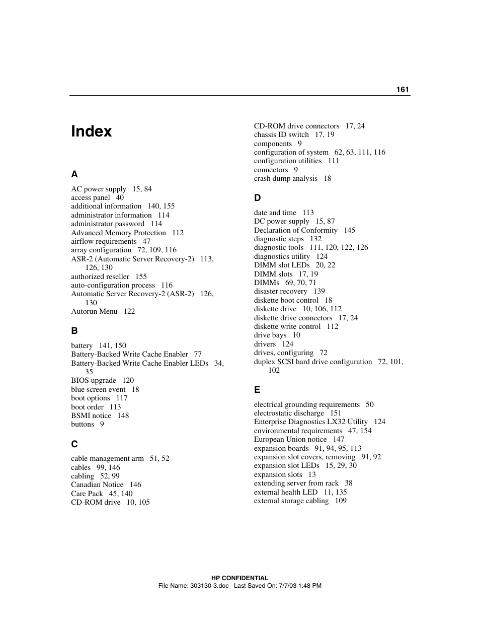 Index, Index 161 | HP ProLiant DL380 G3 Server User Manual | Page 161 / 164