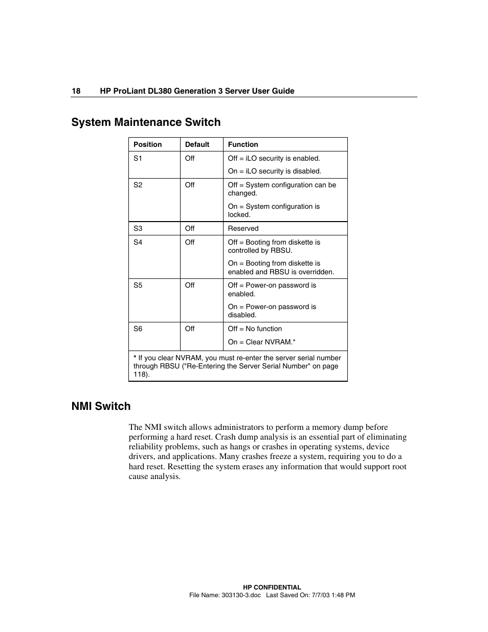 System maintenance switch, Nmi switch | HP ProLiant DL380 G3 Server User Manual | Page 18 / 164