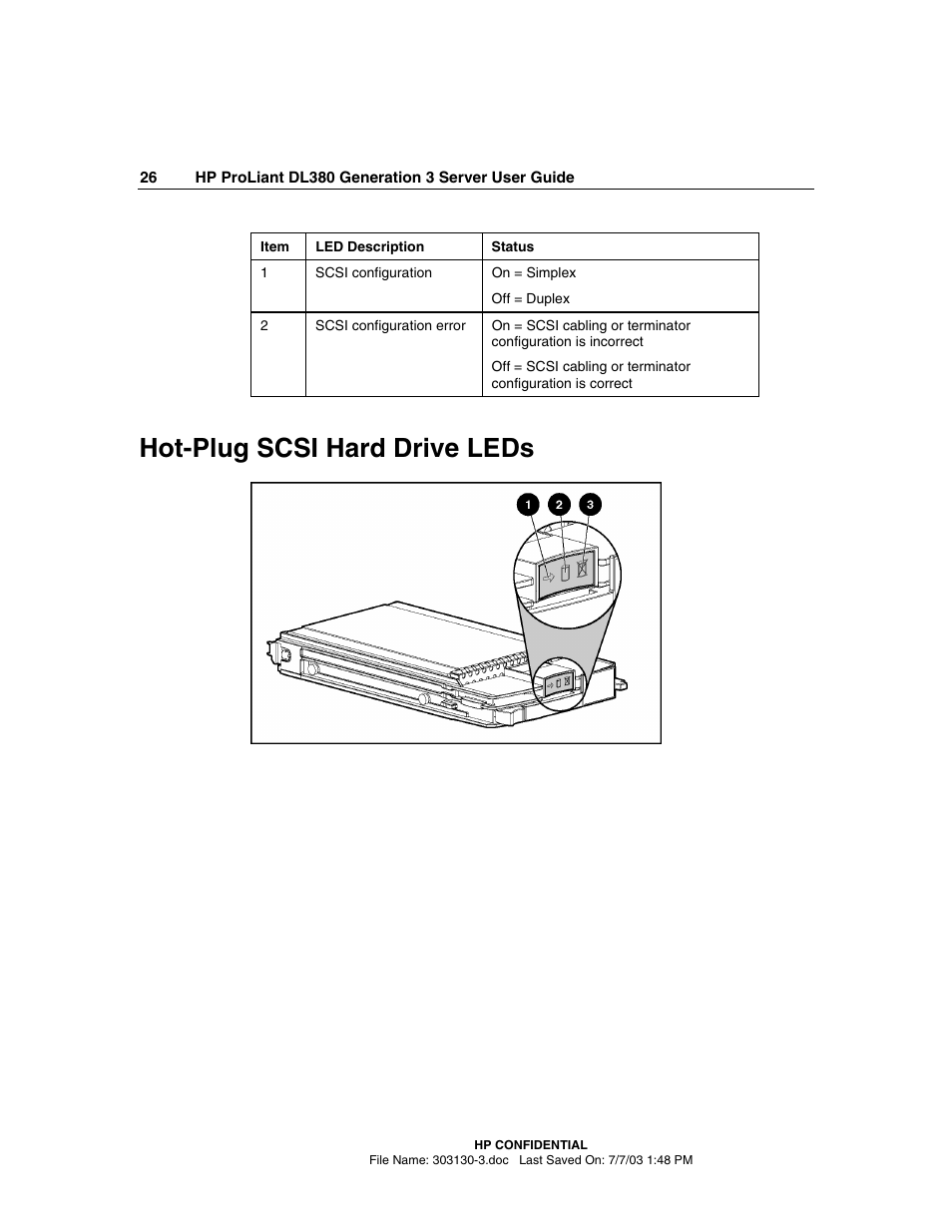 Hot-plug scsi hard drive leds | HP ProLiant DL380 G3 Server User Manual | Page 26 / 164