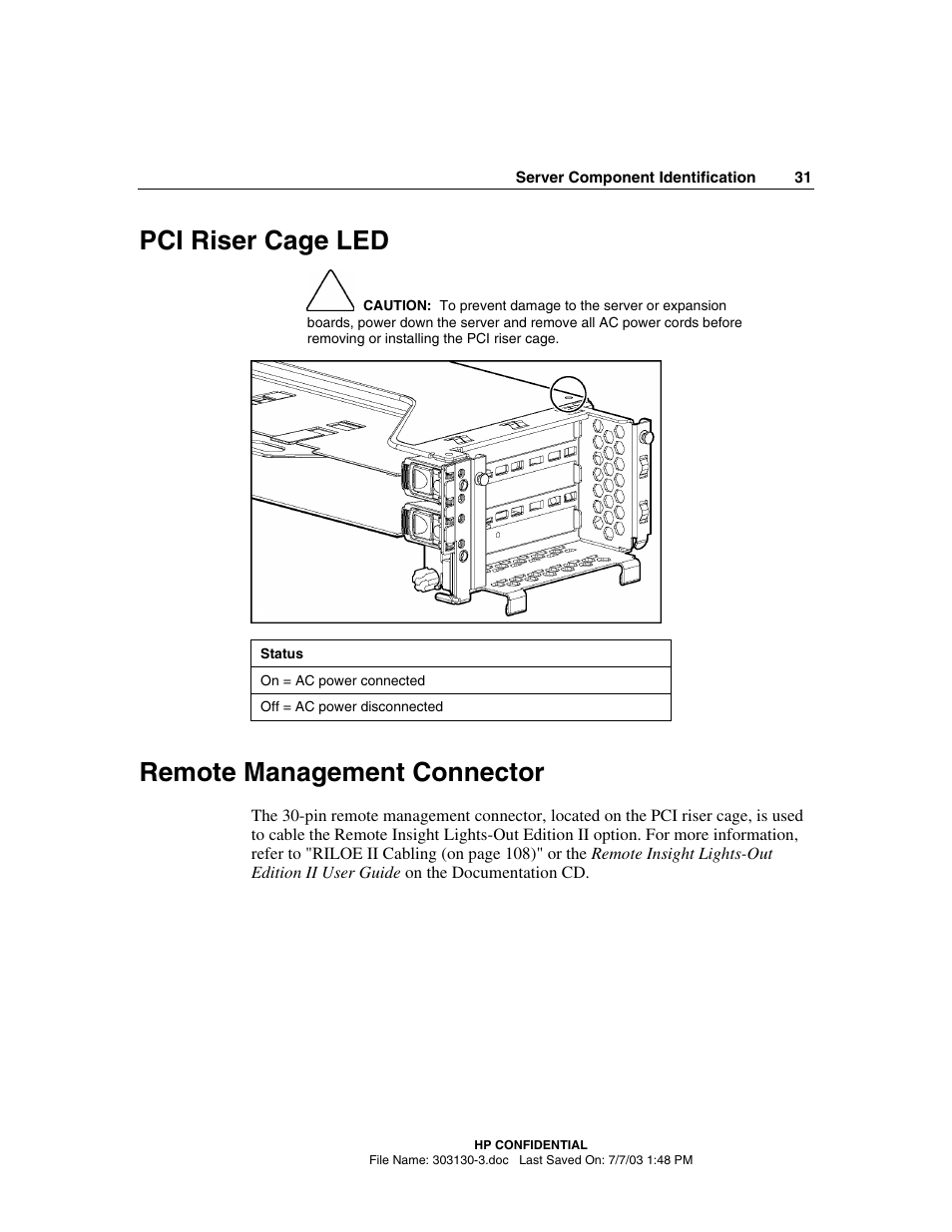 Pci riser cage led, Remote management connector, Pci riser cage led remote management connector | HP ProLiant DL380 G3 Server User Manual | Page 31 / 164