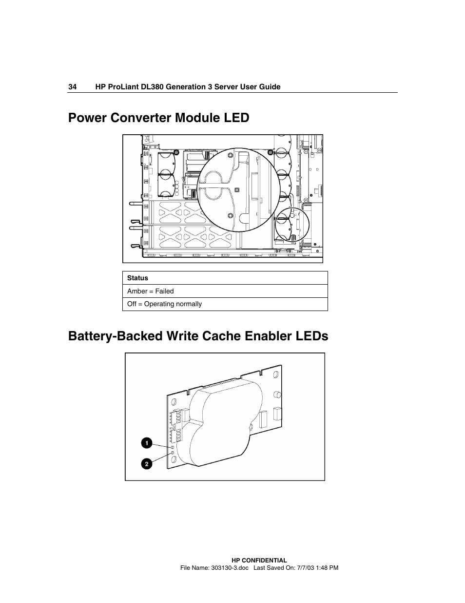 Power converter module led, Battery-backed write cache enabler leds | HP ProLiant DL380 G3 Server User Manual | Page 34 / 164